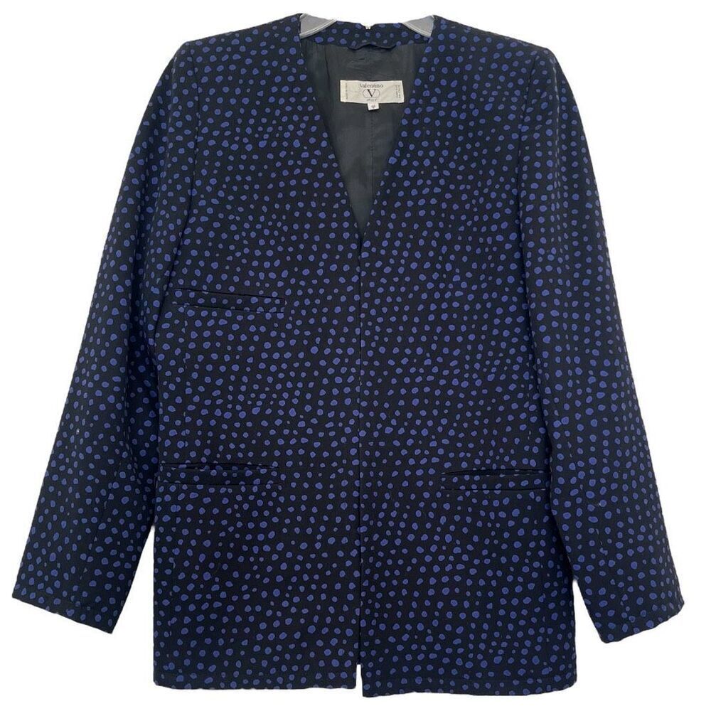 Valentino Vintage Jacket Miss V Size 6 Polka Dot Blue Open Front Blazer ITALY 40